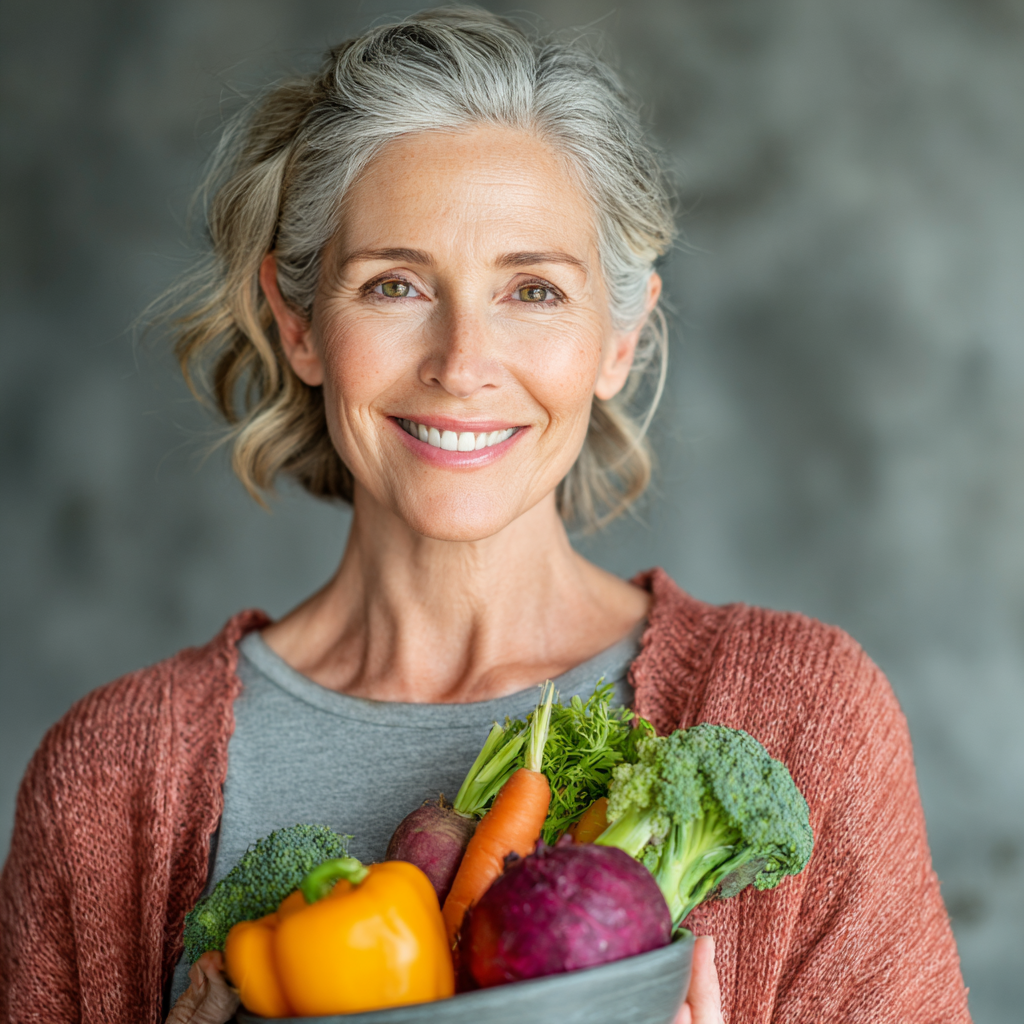 Confident middle-aged woman in her late 40s with a warm smile, wearing casual clothing, holding a colorful bowl of fresh vegetables and fruits, representing healthy lifestyle and nutrition planning